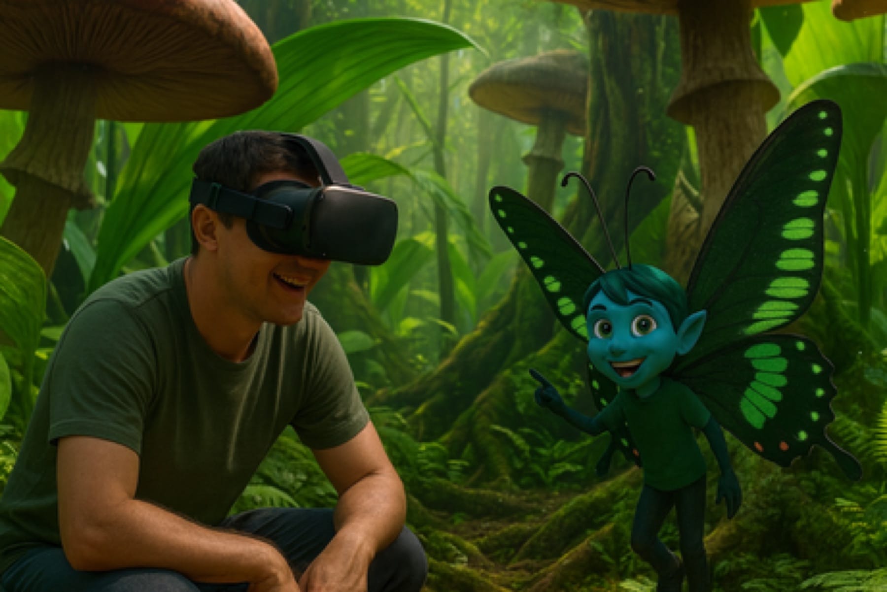 A visitor in a VR headset meets the butterfly guide